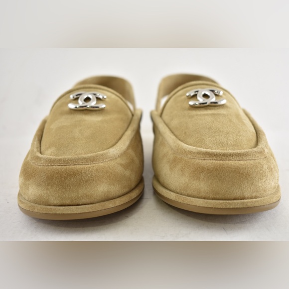 Chanel Dark Beige Suede Shearling CC Moccasin Ballet Slingback Loafer Flat 41 - Picture 8 of 16